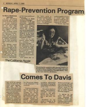 Old newspaper clipping showing the headline "Rape Prevention Program Comes to UC Davis"