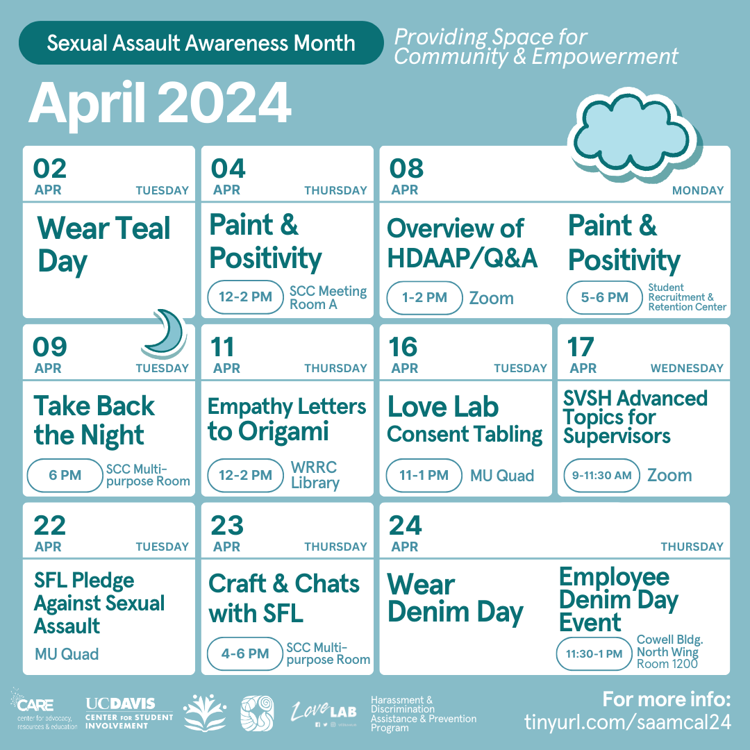 Complex calendar graphic of some of the featured events throughout April along with logos for C-A-R-E and other involved campus departments. Please visit tinyurl.com/saamcal24 for the most up to date and comprehensive event information.