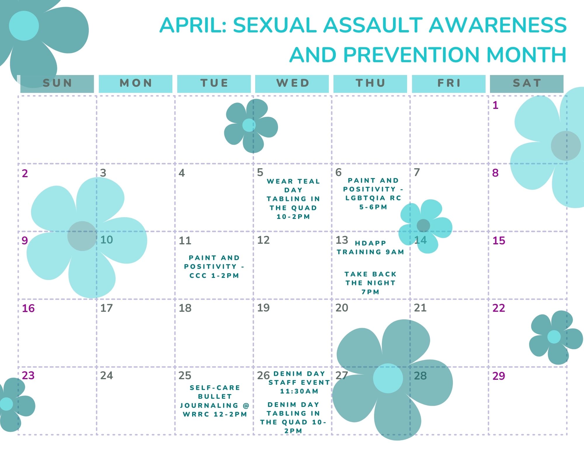 An April calendar for all Sexual Assault Awareness and Prevention Month events